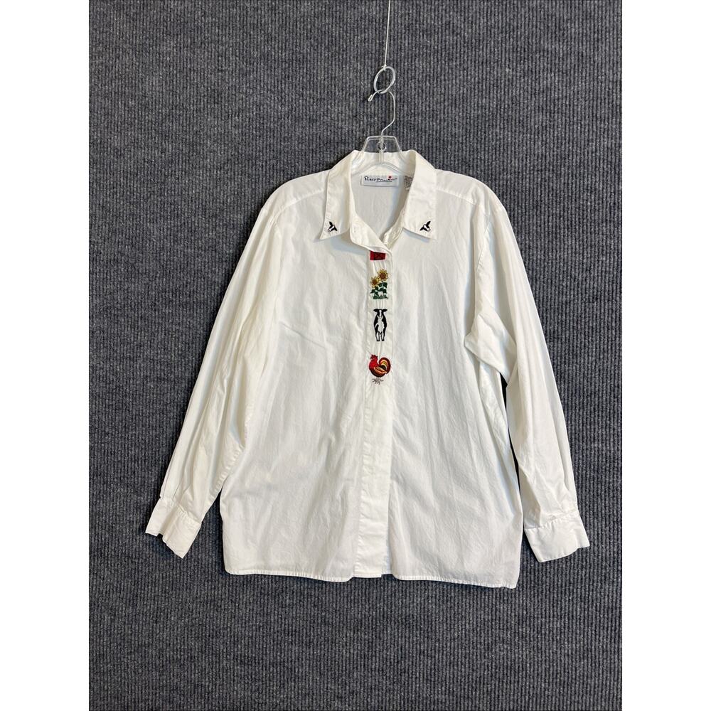 Vintage Peter Martin Womens Button Up Shirt Sz 14 White Embroidered Farm Country